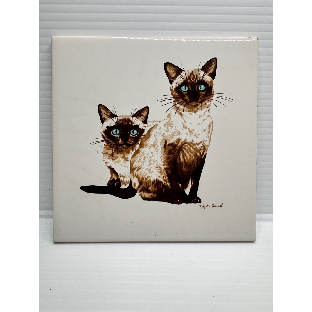 Vintage 1960s Phyllis Howard Siamese Cats H&R Johnson Ceramic Tile Trivet 6"